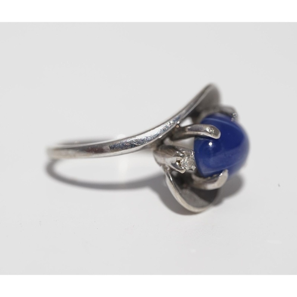 Vintage 14k Solid White Gold Blue Star Sapphire & Diamond Ring - Round - Picture 6 of 9